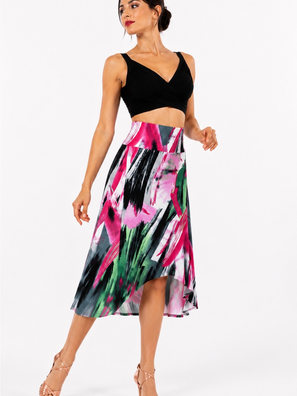 Painted Floral High-Low Midi Skirt - Pink & Green - Tango Dance Milonga Practica
